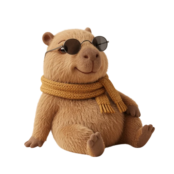 Capi, a capivara de pelúcia, de óculos escuros, na maior tranquilidade